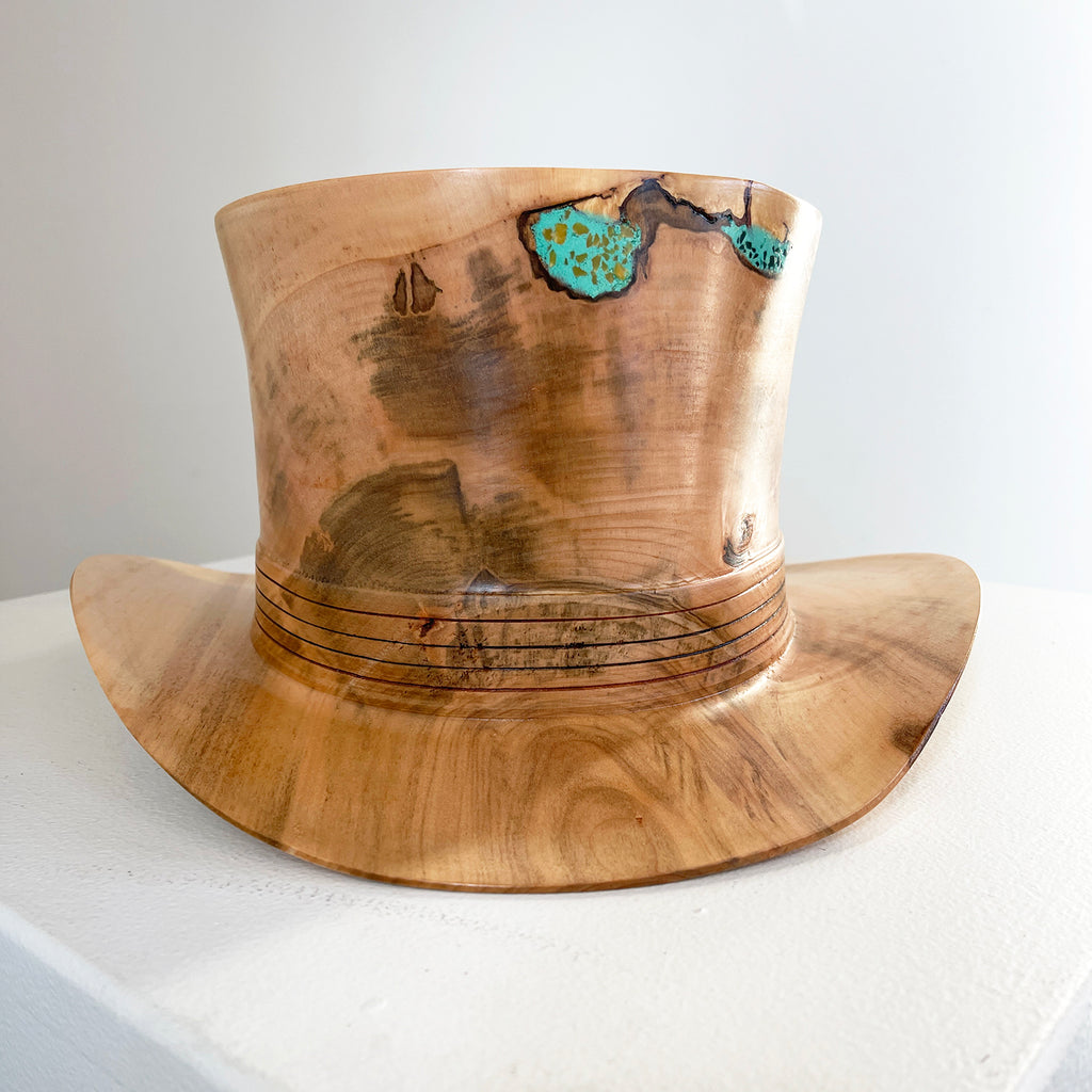 Hand-Turned Wooden Hat with Turquoise Inlay