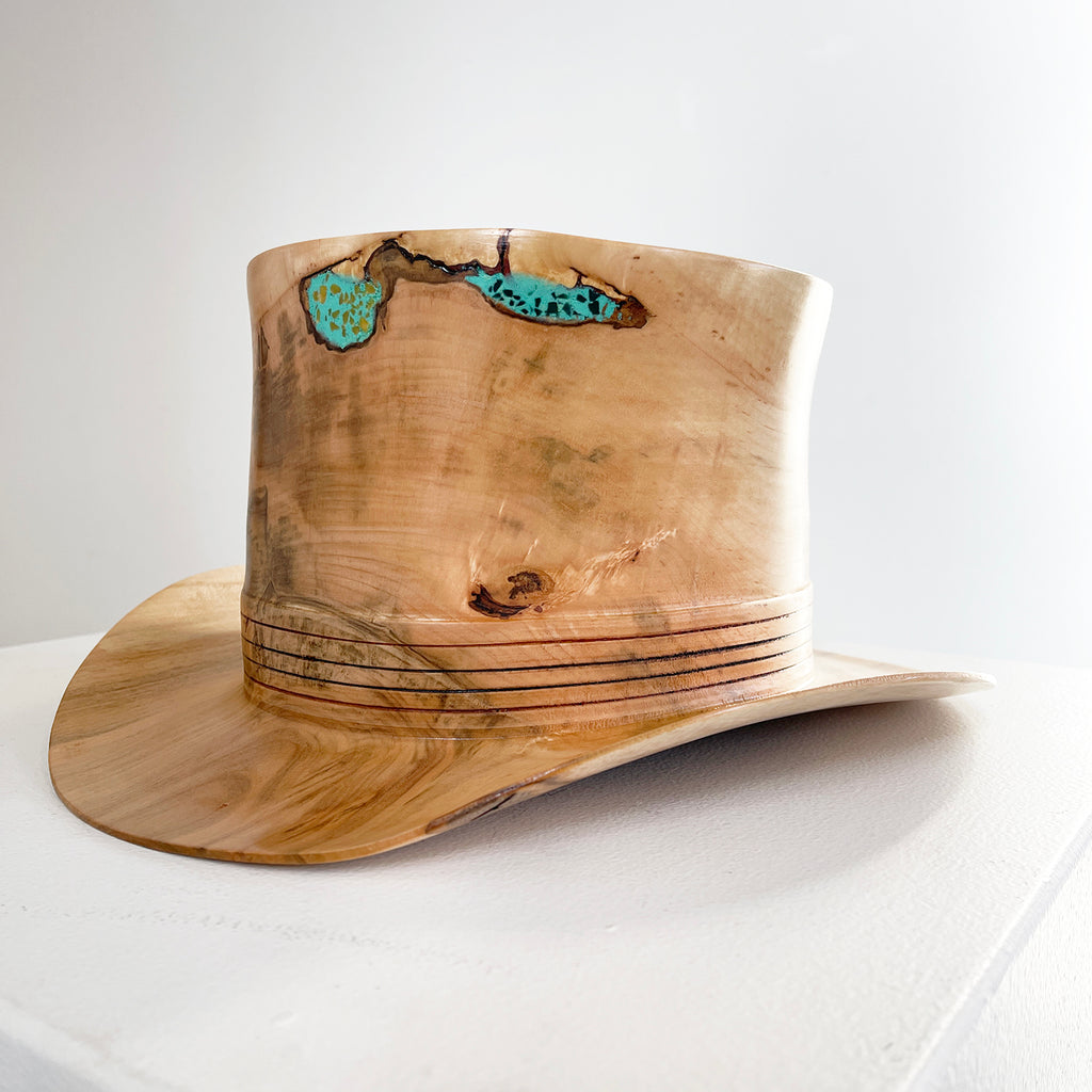 Hand-Turned Wooden Hat with Turquoise Inlay