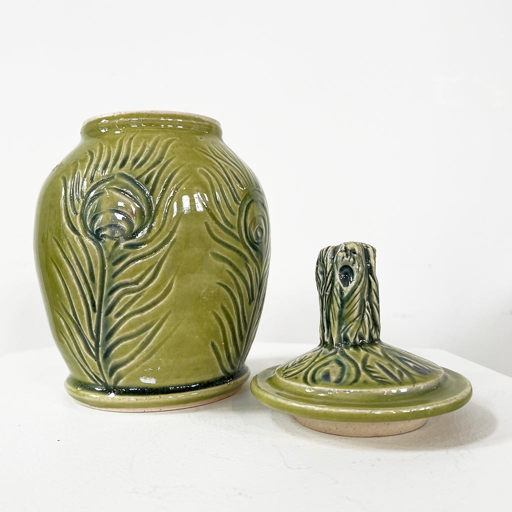 Peacock Feather Lidded Jar